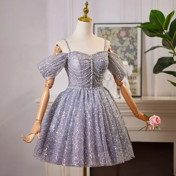 Sexy Lavendel Perlenstickerei Perle Strass Pailletten Kurze Partykleider 2024 A Linie Spaghettiträger Ärmellos Rückenfreies Tülle Festliche Kleider