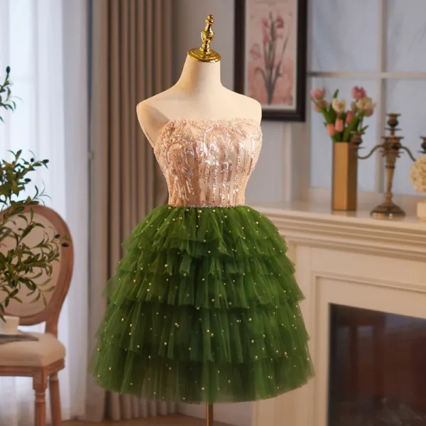 Chic / Beautiful Green Pearl Sequins Short Cascading Ruffles Prom Dresses 2024 A-Line / Princess Strapless Sleeveless Backless Prom Formal Dresses