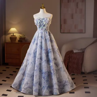 Cuento De Hadas Azul Cielo Rebordear Apliques Perla Lentejuelas Vestidos De Gala 2025 Ball Gown Sin Tirantes Sin Mangas Sin Espalda Largos Gala Vestidos Formales