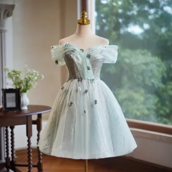 Chic Beautiful Sage Green Appliques Beading Sequins Short Party Dresses 2024 A Line Princess Off The Shoulder Short Sleeve Backless Formal Dresses