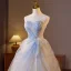 Chic / Beautiful Sky Blue Beading Pearl Sequins Prom Dresses 2025 Ball Gown Strapless Sleeveless Backless Floor-Length / Long Prom Formal Dresses