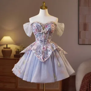 Sexy Lavendel Appliques Beading Blonder Blomst Perle Paljetter Korte Festkjoler 2025 Ballkjole Av Skulderen Korte Ermer Ryggløse Fest
