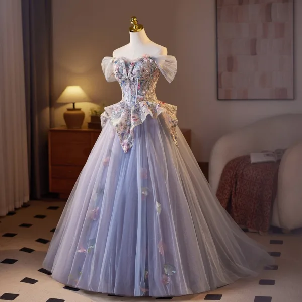 Flower Fairy Lavender Beading Lace Flower Pearl Sequins Prom Dresses 2025 Ball Gown Off-The-Shoulder Short Sleeve Backless Floor-Length / Long Prom Formal Dresses