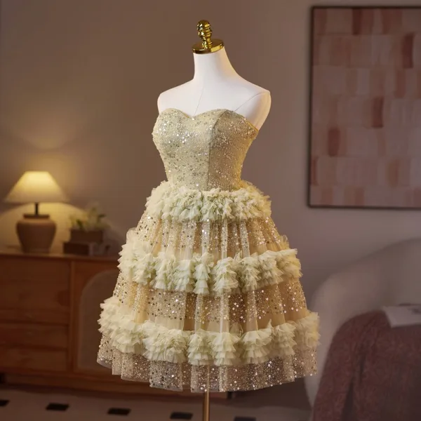 Sparkly Gold Beading Pearl Sequins Short Party Dresses 2025 A-Line / Princess Strapless Sleeveless Backless Cocktail Party Evening Party Formal Dresses