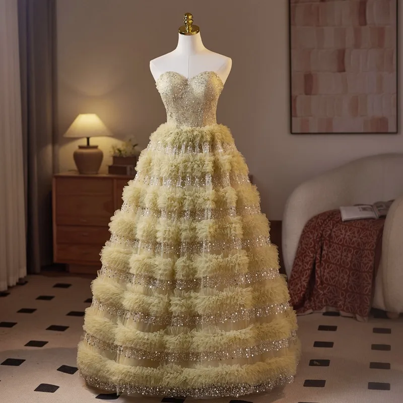 Sparkly Gold Beading Sequins Ruffle Prom Dresses 2025 Ball Gown Strapless Sleeveless