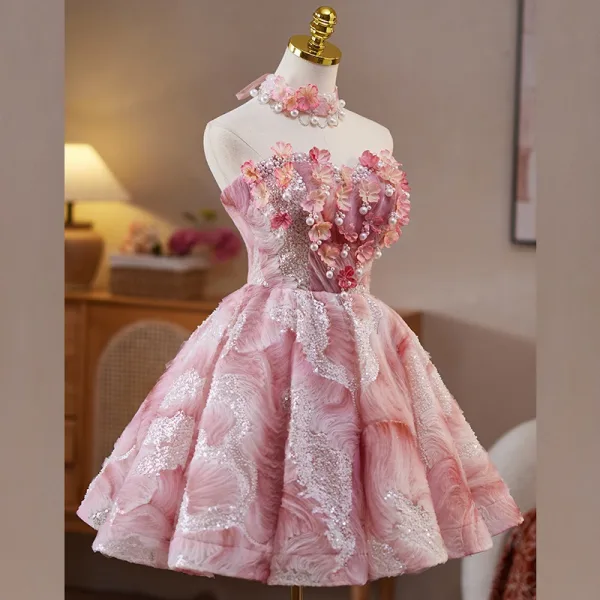 Sexy Blushing Pink Beading Pearl Sequins Appliques Short Party Dresses 2025 A-Line / Princess Strapless Sleeveless Backless Cocktail Party Evening Party Formal Dresses