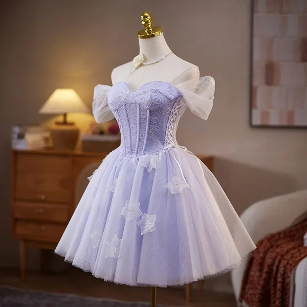 Charmant Lavande Appliques Anniversaire Robe De Fête 2025 De l'épaule Manches Courtes Dos Nu Longue Robe De Ceremonie