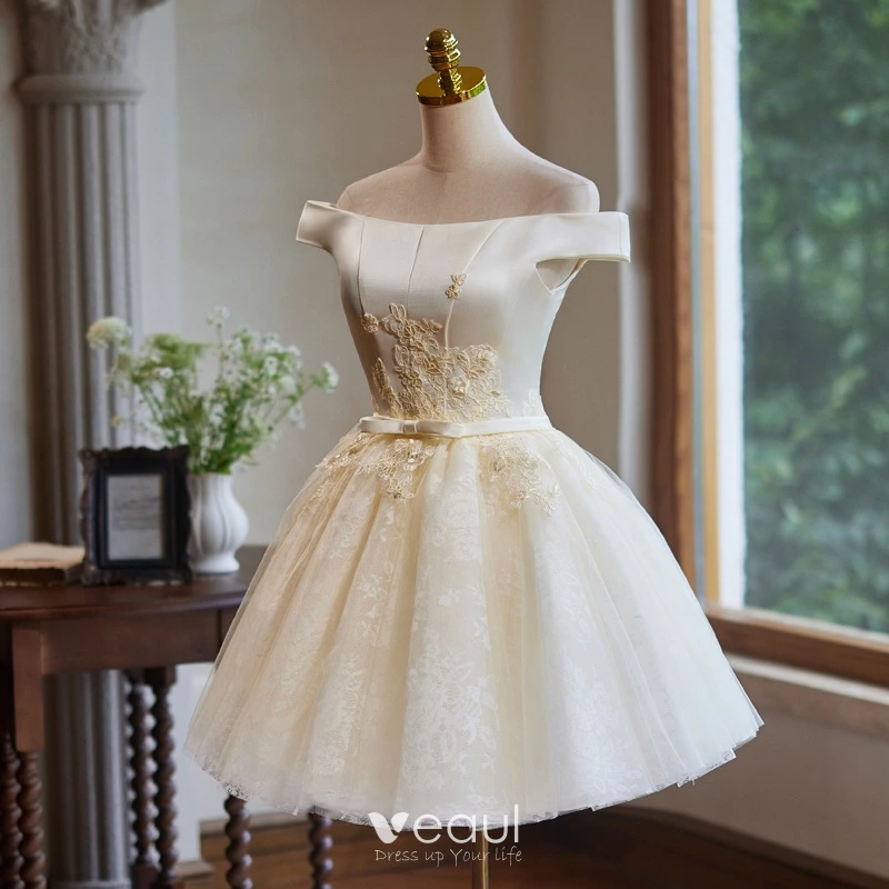 Modest Simple Champagne Lace Flower Bow Sash Short Party Dresses 2024 Ball Gown Off The Shoulder Sleeveless Backless Evening Party Formal Dresses