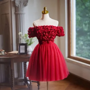 Chic Beautiful Red Appliques Short Prom Dresses 2024 Ball Gown Off The Shoulder Short Sleeve Backless Prom Formal Dresses