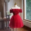 Chic / Beautiful Red Appliques Short Prom Dresses 2024 Ball Gown Off-The-Shoulder Short Sleeve Backless Prom Formal Dresses