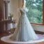 Charming Sage Green Beading Pearl Appliques Prom Dresses 2024 Ball Gown Off-The-Shoulder Short Sleeve Backless Floor-Length / Long Prom Formal Dresses