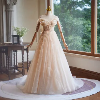 Chic Beautiful Champagne Glitter Pearl Prom Dresses 2024 Ball Gown Off The Shoulder Short Sleeve Backless Floor Length Long Prom Formal Dresses