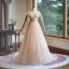 Chic / Beautiful Champagne Glitter Pearl Prom Dresses 2024 Ball Gown Off-The-Shoulder Short Sleeve Backless Floor-Length / Long Prom Formal Dresses