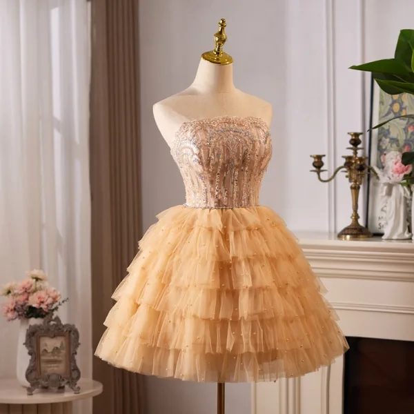 Sexy Gold Beading Sequins Cascading Ruffles Short Prom Dresses Party Dresses 2024 Ball Gown Strapless Sleeveless Backless Prom Party Dresses