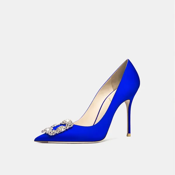 High-end Royal Blue Evening Party Rhinestone Pumps 2020 Leather 10 cm Stiletto Heels Pointed Toe Pumps