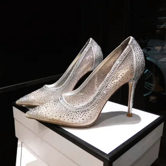 Charmant Argenté Soirée Faux Diamant Escarpins 2020 Cuir 10 Cm Talons Aiguilles À Bout Pointu Escarpins