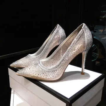 Charmig Silver Afton Rhinestone Pumps 2020 Läder 10 Cm Stilettklackar Spetsiga Pumps