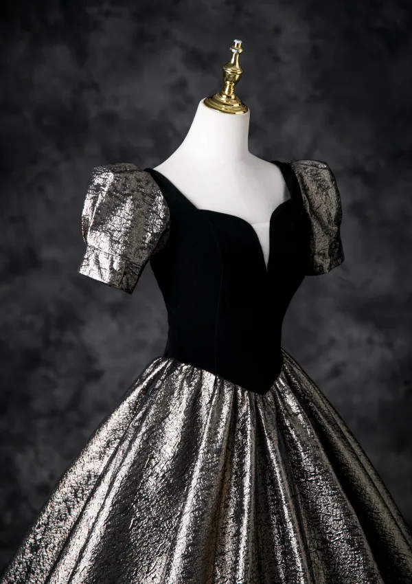 Classy Black Glitter Prom Dresses 2025 Ball Gown Square Neckline Puffy Short Sleeve Backless Floor-Length / Long Prom Formal Dresses