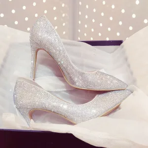 Sparkly Charming Silver Rhinestone Wedding Shoes 2020 Leather 10 Cm Stiletto Heels Pointed Toe Wedding Pumps
