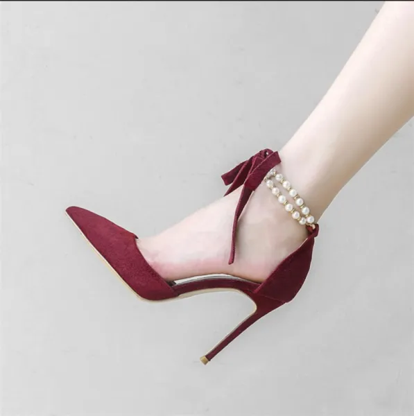 Sexy Burgundy Evening Party Womens Sandals 2020 Pearl Ankle Strap 10 cm Stiletto Heels Pointed Toe Sandals