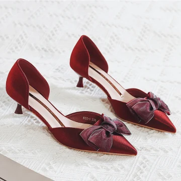 Chic Belle Bordeaux Promo Daim Chaussures Femmes 2020 Cuir Noeud 4 Cm Talons Aiguilles Talon Bas À Bout Pointu Talons