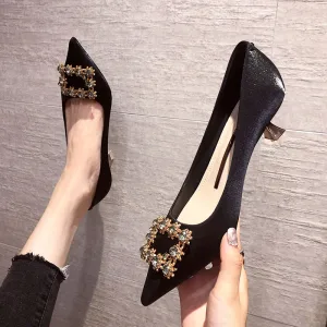 Chic Belle Noire Promo Faux Diamant Escarpins 2020 3 Cm Talons Aiguilles Talon Bas À Bout Pointu Escarpins