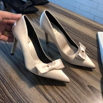 Élégant Beige Promo Satin Noeud Escarpins 2020 9 Cm Talons Aiguilles À Bout Pointu Escarpins