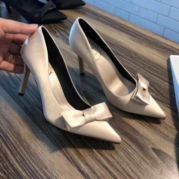 Eleganta Aprikos Beige Bal Satin Rosett Pumps 2020 9 Cm Stilettklackar Spetsiga Pumps