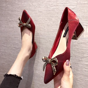 Mode Bordeaux Soirée Faux Diamant Noeud Escarpins 2020 4 Cm Talons Épais Talon Bas À Bout Pointu Escarpins