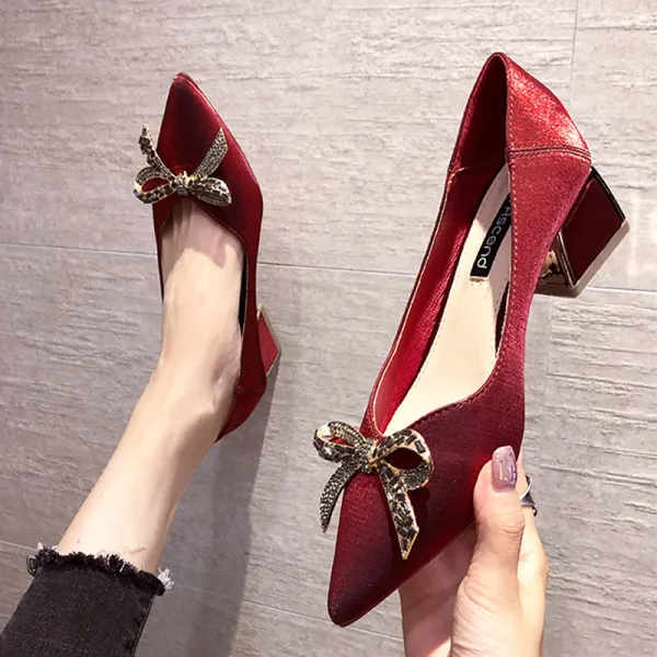 Fashion Burgundy Evening Party Rhinestone Bow Pumps 2020 4 cm Thick Heels Low Heel Pointed Toe Pumps