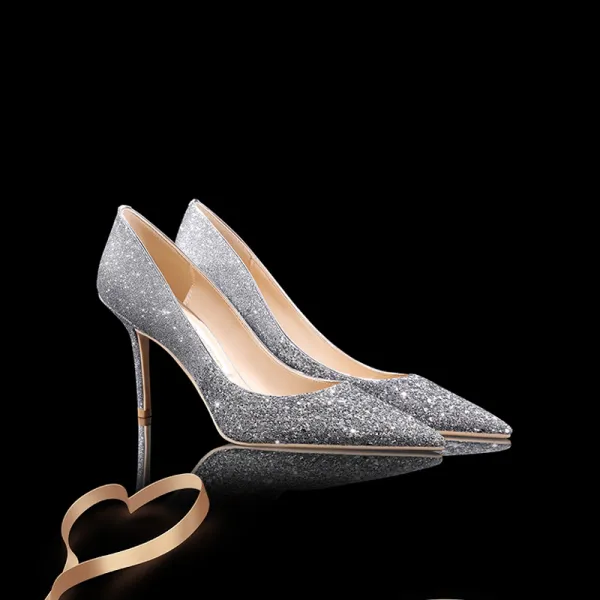 Gama Alta Degradado De Color Plata Glitter Lentejuelas Zapatos de novia 2020 Cuero 8 cm Stilettos / Tacones De Aguja Punta Estrecha Boda Tacones