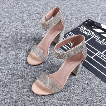 Minimalist Nude Evening Party Rhinestone Womens Sandals 2020 Leather 9 Cm Thick Heels Open Peep Toe Sandals