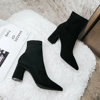 Chic Beautiful Winter Black Street Wear Ankle Womens Boots 2020 Suede 7 Cm Thick Heels Pointed Toe Boots