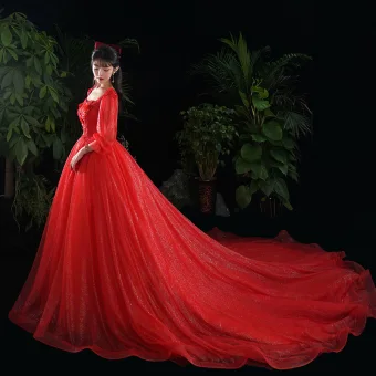 Chic Beautiful Red Wedding Dresses 2020 A Line Princess Lace Flower Appliques Sequins Square Neckline 1 2 Sleeves Cathedral Train