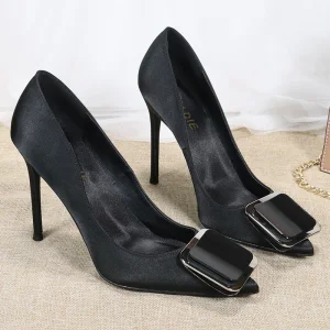 Simple Noire Ol Bureau Escarpins 2020 Satin 10 Cm Talons Aiguilles À Bout Pointu Escarpins