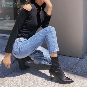 Moda Zużycie Ulicy Czarne Botki Buty Damskie 2020 9 Cm Szpilki Szpiczaste Boots