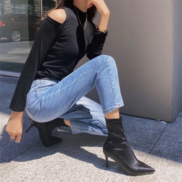 Fashion Street Wear Black Ankle Womens Boots 2020 9 cm Stiletto Heels Pointed Toe Boots