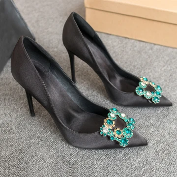 Chic Belle Noire Promo Satin Escarpins 2020 Faux Diamant 10 Cm Talons Aiguilles À Bout Pointu Escarpins