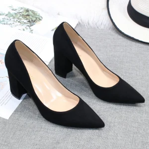 Modest Simple Black Office Ol Suede Pumps 2020 8 Cm Thick Heels Pointed Toe Pumps