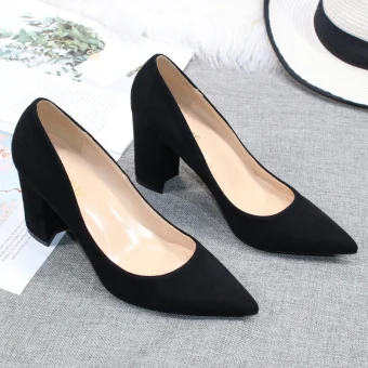 Simple Noire Bureau Ol Daim Escarpins 2020 8 Cm Talons Épais À Bout Pointu Escarpins