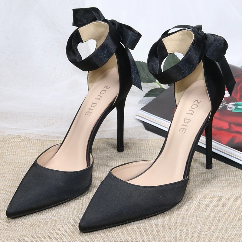 Fashion Black Prom Satin Womens Shoes 2020 Ankle Strap Bow 10 cm Stiletto Heels Pointed