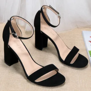 Sexy Black Street Wear Suede Womens Sandals 2020 Ankle Strap 8 Cm Thick Heels Pointed Toe Sandals