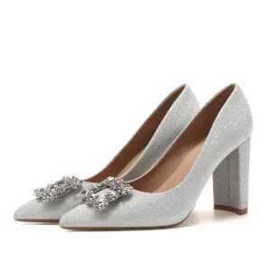 Charmant Scintillantes Argenté Chaussure De Mariée 2020 Glitter Faux Diamant Paillettes 9 Cm Talons Épais À Bout Pointu Escarpins