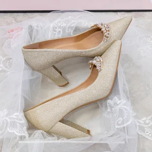 Charmant Mode Goud Rhinestone Bruidsschoenen 2020 Pailletten 9 Cm Dikke Hak Spitse Neus Huwelijk Pumps