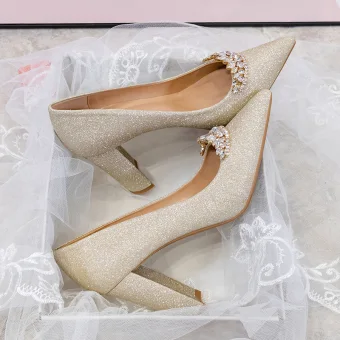 Charmant Mode Doré Faux Diamant Chaussure De Mariée 2020 Paillettes 9 Cm Talons Épais À Bout Pointu Mariage Escarpins