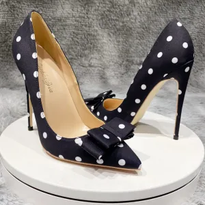 Chic Noire Cocktail Soie Satin Escarpins 2020 Tachetée Noeud 12 Cm Talons Aiguilles À Bout Pointu Escarpins