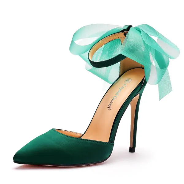 Chic / Beautiful Dark Green Prom Womens Sandals 2020 Satin Bow Ankle Strap 11 cm Stiletto Heels Pointed Toe Sandals