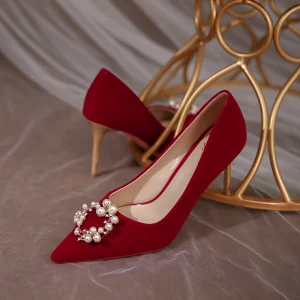 Uroczy Burgund Perła Rhinestone Buty Ślubne 2020 6 Cm Szpilki Szpiczaste Ślub Czółenka