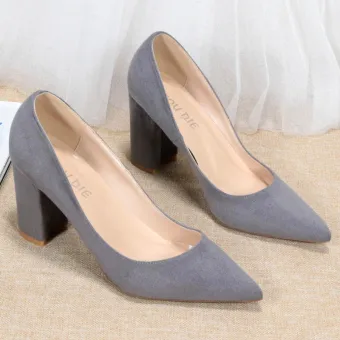 Modest Simple Grey Office Ol Suede Pumps 2020 8 Cm Thick Heels Pointed Toe Pumps
