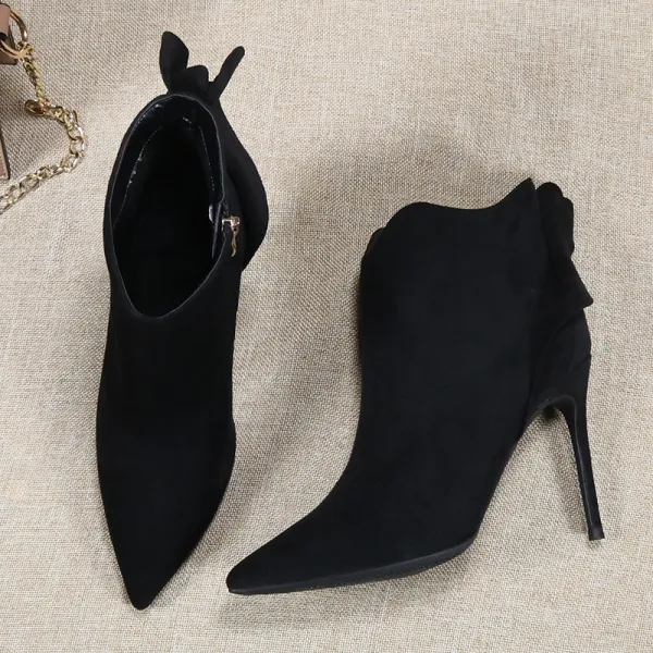 Elegante Zwarte Straatkleding Enkellaarsjes / Enkellaarzen Dames Laarzen 2020 Strik 10 cm Naaldhakken / Stiletto Spitse Neus Laarzen